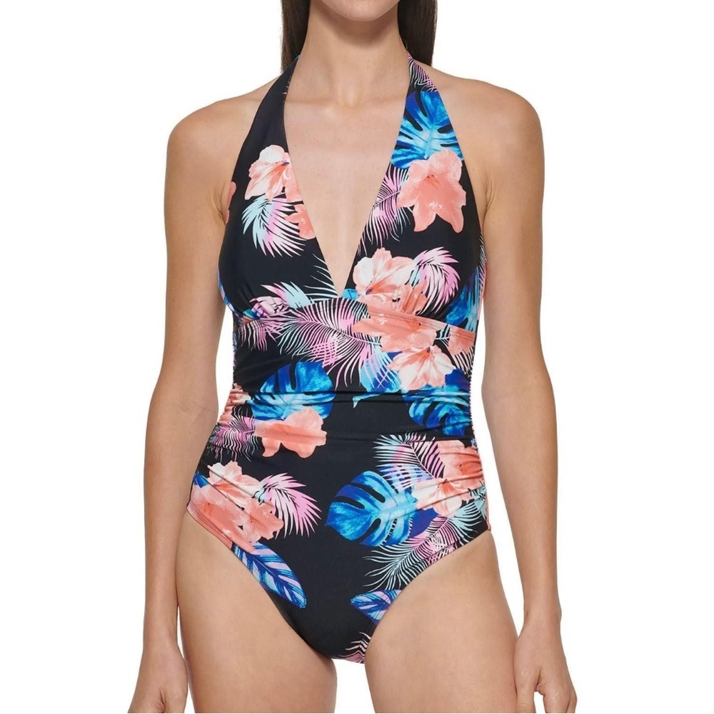DKNY Island Tropical Floral Print Halter Shirred-Waist Size Small Swimsuit